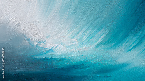 Vivid turquoise and white textured wave pattern resembling ocean surf with dynamic, flowing brushstrokes creating a sense of movement and natural energy