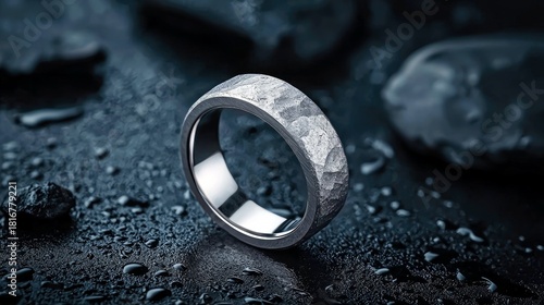 A close-up, detailed shot of a textured, metallic ring resting on a dark, wet surface. Scattered rocks and water droplets create a dramatic and moody atmosphere