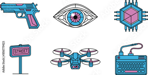 Futuristic Cyberpunk Vector Icon Set in Neon Colors, Featuring Surveillance Eye, Drone, Weapon, Chip, and Keyboard for Technology and Sci-Fi Concepts.