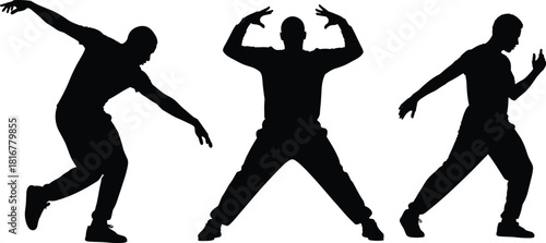 Male Dancers Silhouettes Performing Dynamic Street Dance Moves, Hip Hop, Modern, Energetic, Black and White Vector Illustration Set