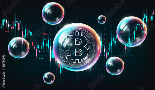 Bitcoin inside a soap bubble floating over a volatile financial stock or crypto trading chart. High risk and speculation concept., vector illustration