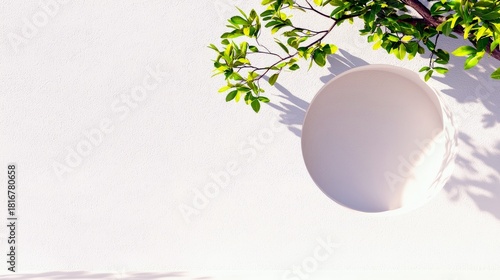 A textured white wall with a circular niche, adorned by a vibrant green tree branch casting dappled shadows from the bright sunlight.