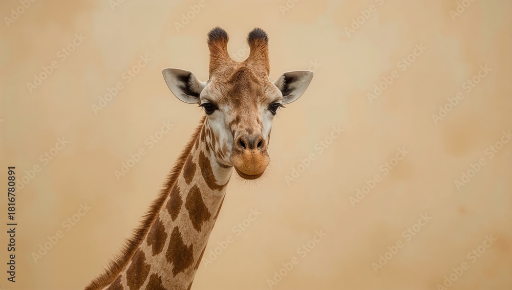 Obraz premium Giraffe portrait closeup against neutral background, wildlife animal safari, gentle expression, african nature, tall mammal
