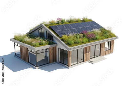 Sustainable modern house with green roof and solar panels on white