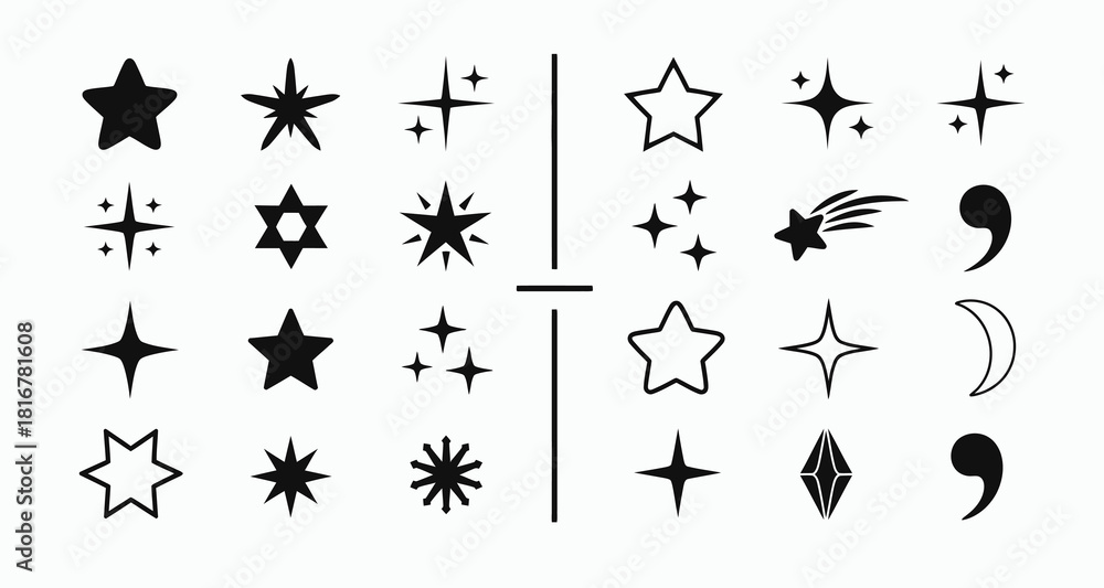 Naklejka premium Star and Sparkle Icon Set Minimal Line and Solid Symbols