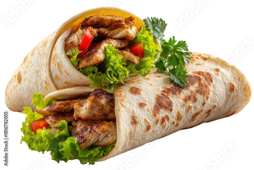 Chicken shawarma wrap in pita bread, isolated on transparent background, realistic texture, professional food photography