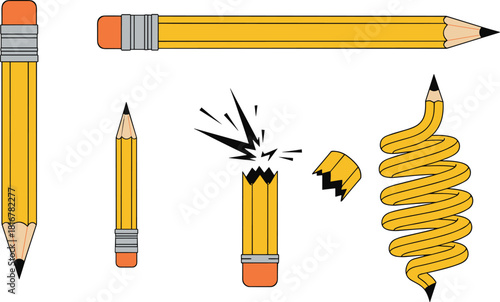 Pencil variations, broken pencil, sharpened pencil, spiral pencil, cartoon pencil, school supplies, stationery icon, flat vector illustration