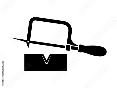 Black and white illustration of a coping saw cutting a piece of wood.