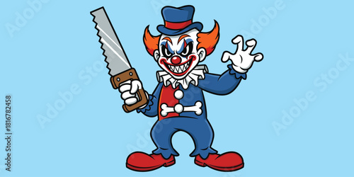 Scary cartoon clown, horror character, sharp teeth, creepy smile, saw weapon, spooky costume, menacing pose, flat vector illustration