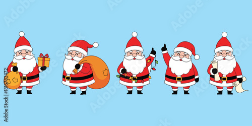 Santa Claus cartoon poses with gifts, scroll, lights, festive red suit, cheerful Christmas character set - flat vector illustration
