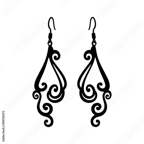 Elegant Black Silhouette Earrings with Ornate Swirls and Dangling Design.