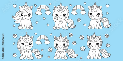 Unicorn coloring page, cartoon unicorns, fantasy animals, hearts, stars, rainbows, line art, kids activity, flat vector illustration