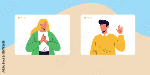 Virtual meeting, online communication, video call, remote work, cartoon characters, browser windows, digital interaction, flat vector illustration