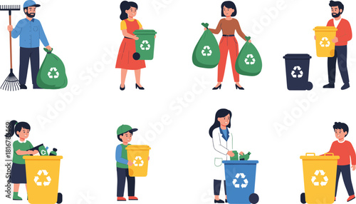 Set of people characters involved in recycling and waste management, symbolizing environmental protection, garbage disposal, cleanliness, trash collection, and green volunteerism concept.