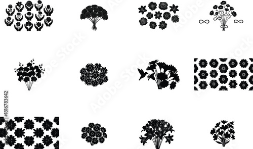 Diverse Black Silhouettes of Flowers, Bouquets, and Patterns