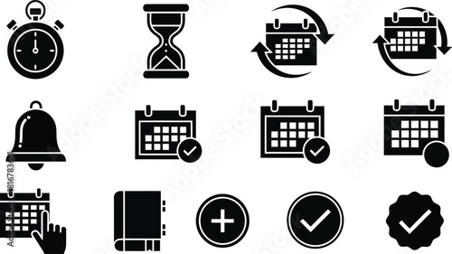 Time, date and address icon set. Clock, calendar, location pin. Vector illustration.