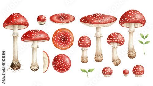 A detailed botanical illustration set of red Fly Agaric mushrooms at various growth stages, including a cross-section.