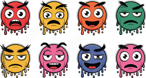 Set of Colorful Monster Emoticons Showing Intense Negative Emotions with Melting Drip Effect, Funny Vector Illustration for Stress and Anger Concepts.