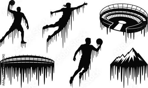 Abstract Sports and Nature Vector Silhouette Set with Dripping Melt Effect: Athletes, Stadiums, and Mountain Peak, Representing Dynamic Movement and Urban Art.