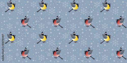 A playful seamless pattern with cute bullfinches and tits