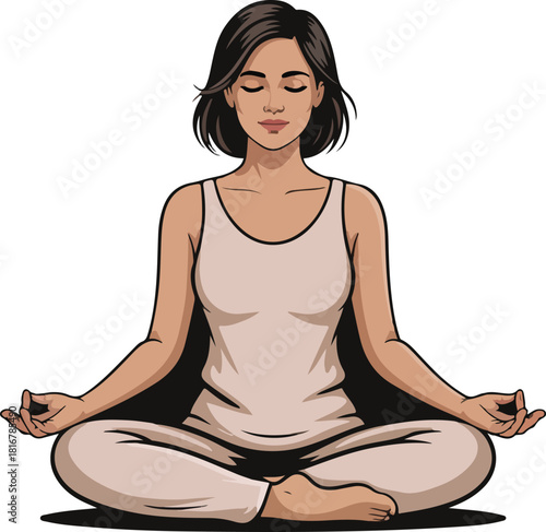 Serene woman meditating in lotus position vector illustration promoting peace relaxation and spiritual wellness.