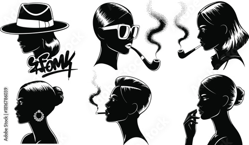 Stylish Vector Silhouette Set of Women's Profiles Featuring Fedora Hat, Sunglasses, Smoking Pipe, and Cigarette, Evoking Retro Fashion and Elegance.