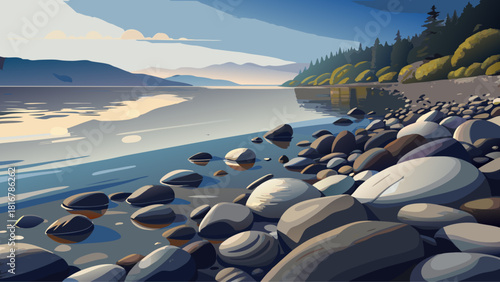 Very beautiful close-up of smooth, grey-toned pebbles on a Lake Superior beach, highlighting the natural stone textures, gentle erosion patterns, and the calm, serene lakeside atmosphere.