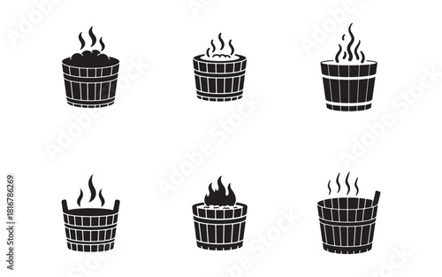 Sauna and spa icons collection wooden buckets with steam and heat