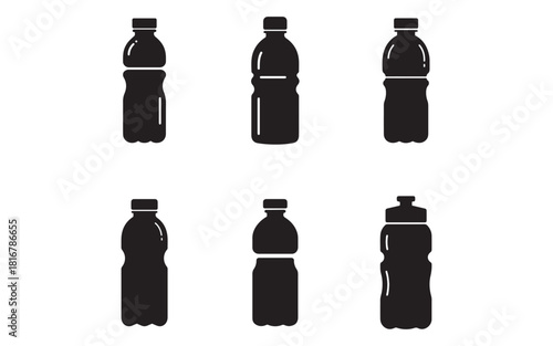 Selection of stylized plastic water bottle silhouettes on a white background