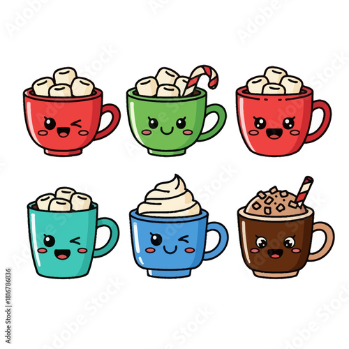 Charming collection of whimsical hot beverages with smiling faces expressing warmth and cheerfulness