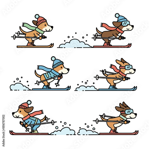 Stylized canine athletes elegantly glide across pristine snow in a winter wonderland depiction