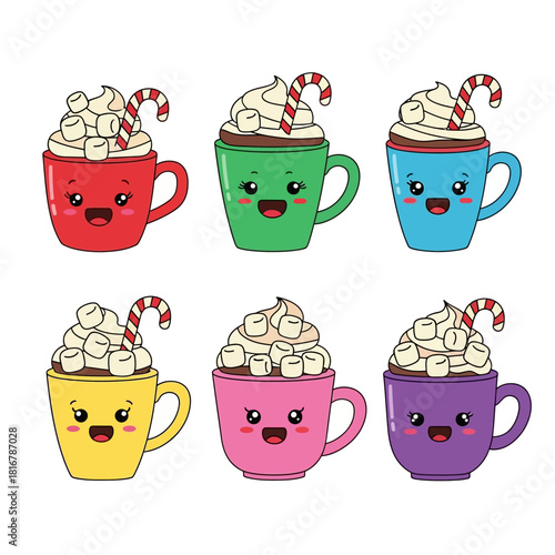 Colorful kawaii mugs adorned with marshmallows and candy canes radiating joyfulness festive season
