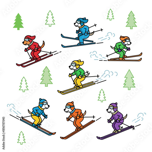 Animated canine downhill skiers enjoying a bright winter day surrounded by evergreens