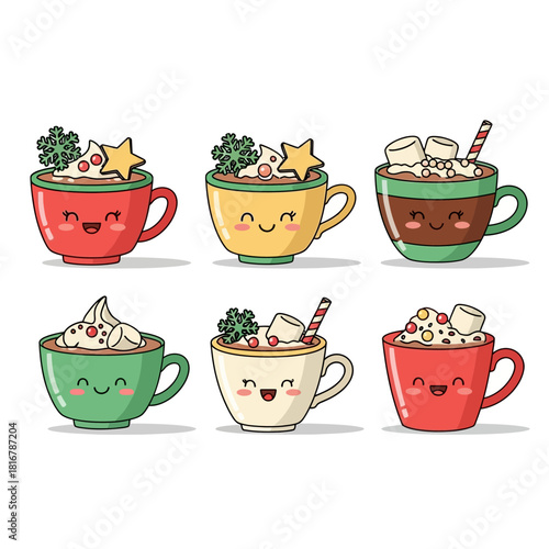 Festive mugs illustration showcasing a variety of hot, creamy and sweet drinks with unique toppings