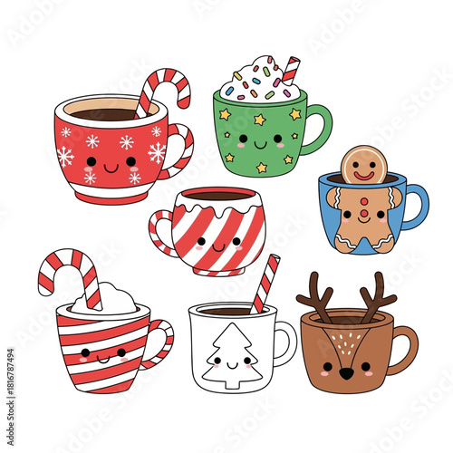 Festive illustrated assortment of charming winter themed hot beverages with cute smiling faces
