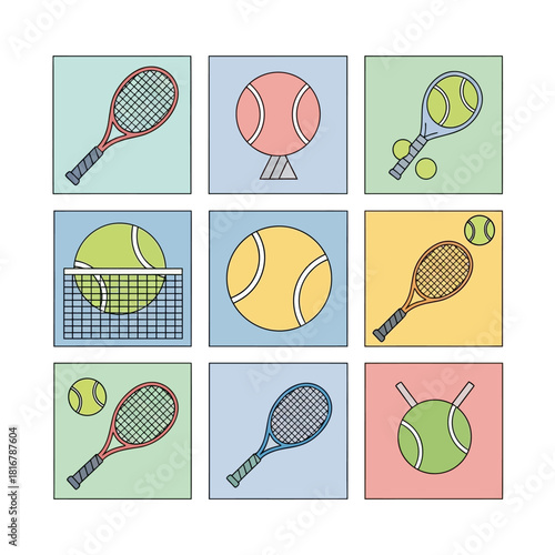 Aesthetic tennis court design featuring vintage rackets and vibrant, playful ball illustrations