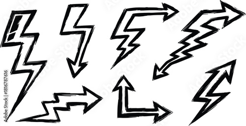 Thunder bolt doodle with hand-drawn lightning flash. Electric energy icon in sketch style. Flat vector illustration 