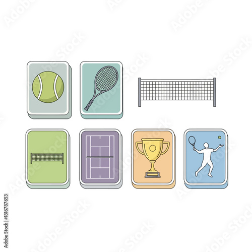 Illustrated Tennis Elements Depicting Equipment, Court, and Victory in a Clean Style