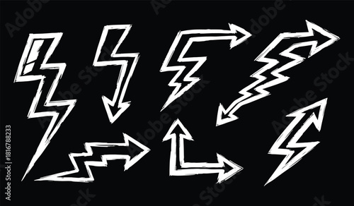 Thunder bolt doodle with hand-drawn lightning flash. Electric energy icon in sketch style. Flat vector illustration 
