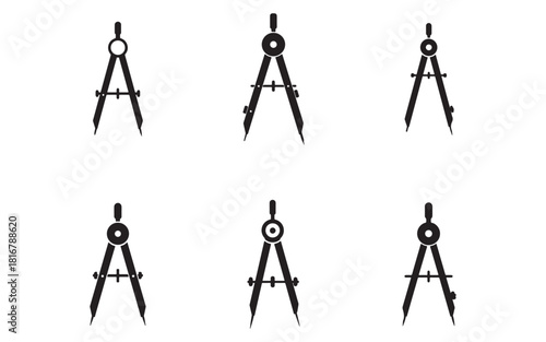 Set of six black drawing compasses on a plain white background