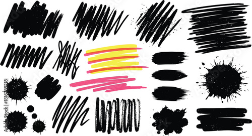 Set of paint brush stroke and abstract grunge banner for graphic background decoration. Watercolor splatter, ink splash and creative shape for social media.