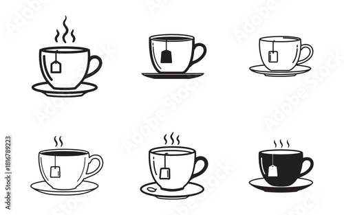 Set of Tea Cup Line Art Icons with Steam on White Background