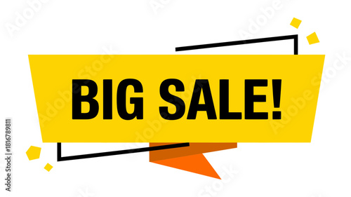 Big sale banner design with bold black lettering on a vibrant yellow background, featuring an attention-grabbing geometric shape for promotional offers and discounts