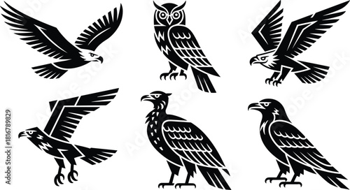 Stylized Black and White Vector Set of Raptors and Owls in Various Poses, Perfect for Sports Mascots, Logo Design, Heraldry, and Wild Animal Themes.