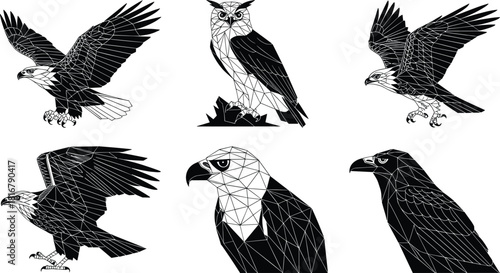 Collection of Birds of Prey Vector Illustrations, Featuring Eagles and Owl in Detailed and Low-Poly Geometric Styles for Technology and Power Concepts.