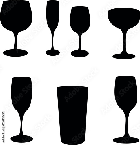Drink Glasses Silhouette Vector Set – Wine Glass, Champagne Flute, Cocktail Glass, Beer Glass, Bar Icons for Party, Celebration, Christmas, New Year, Holiday Designs	