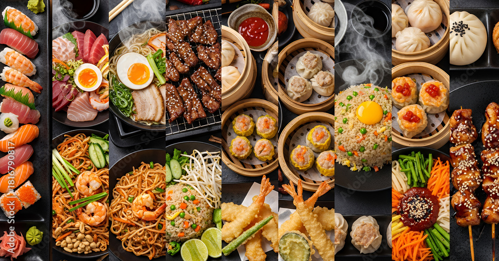 Fototapeta premium Rich selection of traditional Asian favorites combines savory broths, sticky rice, tender beef, bright vegetables and spicy sauces in a detailed food themed visual layout.