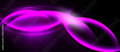 Bright pink abstract shapes flow against dark background. Glowing lines create dynamic, modern visual effect. Simple, elegant design.