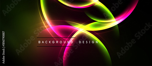 Bright abstract swirls, vibrant colors, dark background. Modern design element, dynamic composition, glowing effects present.
