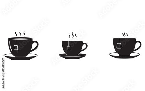 Three cups of steaming tea in monochrome minimal vector illustration